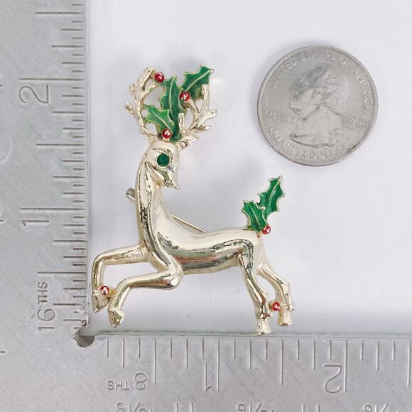 VTG Signed Gerry’s 1970s Christmas Reindeer Brooch Gold Tone Enamel Nostalgic - Picture 8 of 8